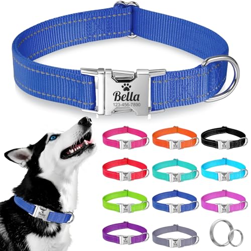 Collare per Cani in Nylon Riflettente Personalizzato, Collana con nome e numero di telefono incisi, Fibbia Staccabile Durevole, Collari Di Regolabili per Cani Di Piccola, Media e Grande Taglia