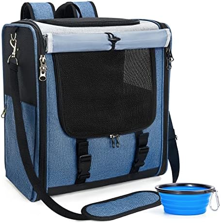 ZAKEEP Cat Carrier, Pet Carrier for Cat and Small Dog with Pockets, Plush Mat, Leash, Bowl, Collapsible Puppy Cat Backpack Carrier for Travel Hiking, Blue