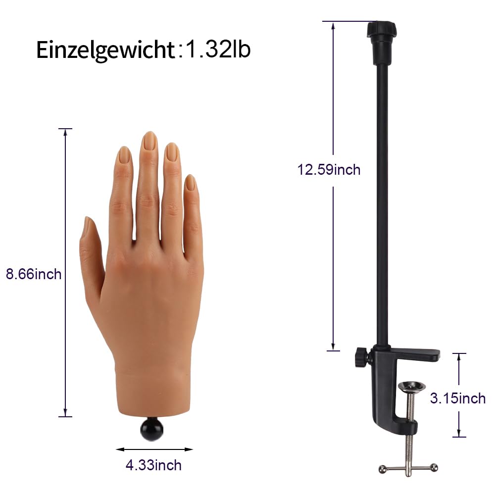 KnowU Übungshand Für Nageldesign mit Ständerhalter, Übungshand Für Gelnägel Silikon, Fake Hand, Übungshand Für Acrylnägel,Übung Training Hand Modell Rechts