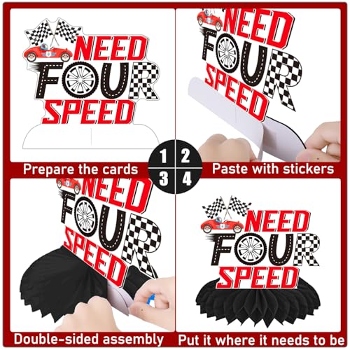 Image of Need Four Speed Birthday Honeycomb Centerpieces 12Pcs Race Car 4th Birthday Party Decorations Red Racing Car Table Centerpieces for Checkered Flag Racing Baby Shower Supplies