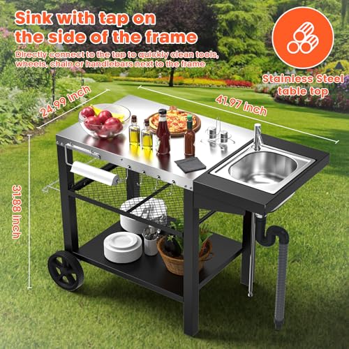 Image of Outdoor Grill Table with Sink, Pizza Oven Cart with Drawer & Wheels, Movable 3 Shelf Food Prep Table for Ninja Woodfire, Blackstone Griddle Stand, Ooni Pizza Oven, Cuisinart, Cooking Station