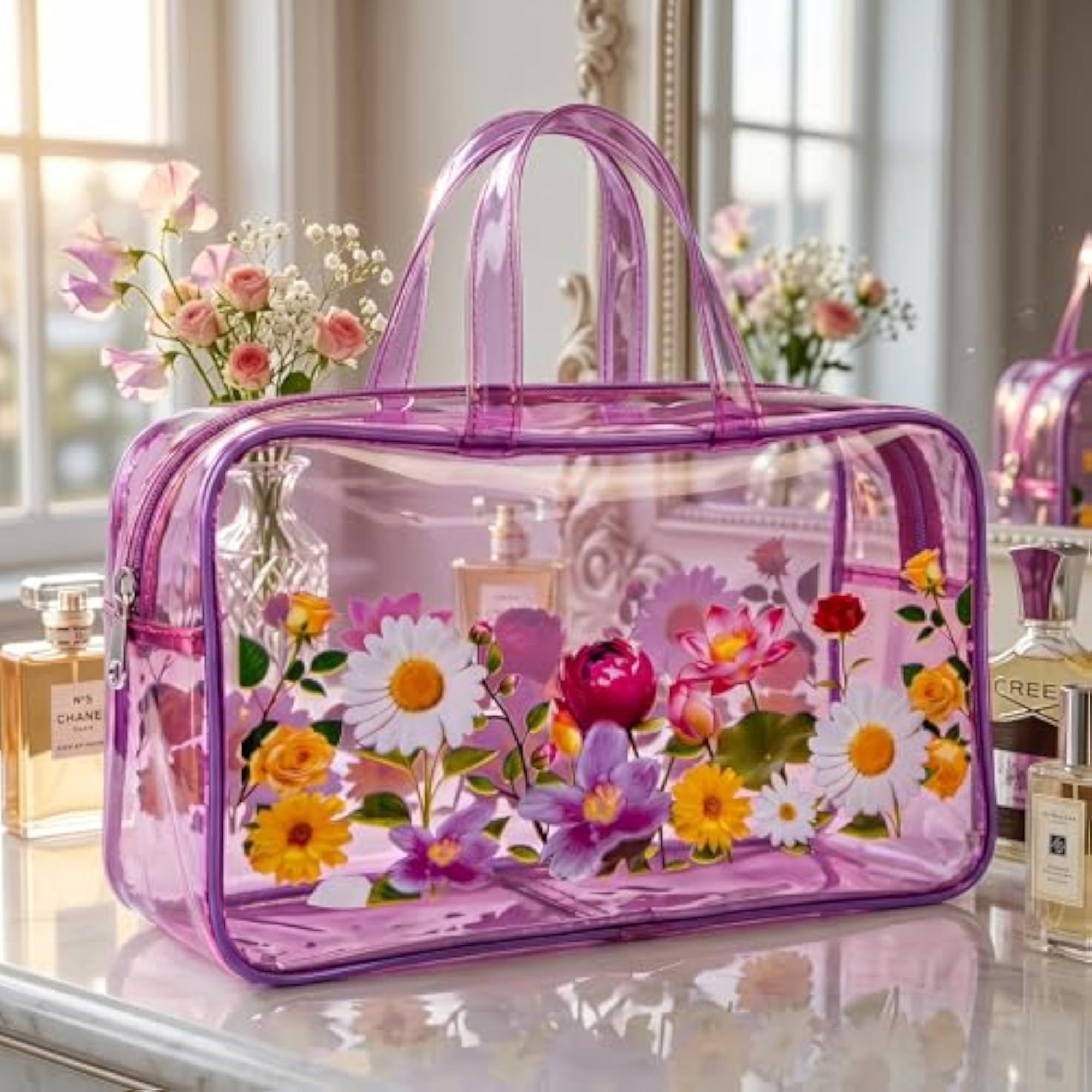 Clear PVC Cosmetic Bag with Floral Print, Pink Transparent