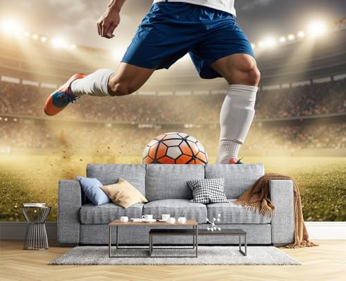 Papel Pintado Primer Plano Partido Pared 3D Papel Tapiz - Jugadores Campo De Fútbol Murales Tapiz Fotomural para Sala Cuarto Oficina Salón Tv Fondo Pared Dormitorio Decoración, Azul Verde