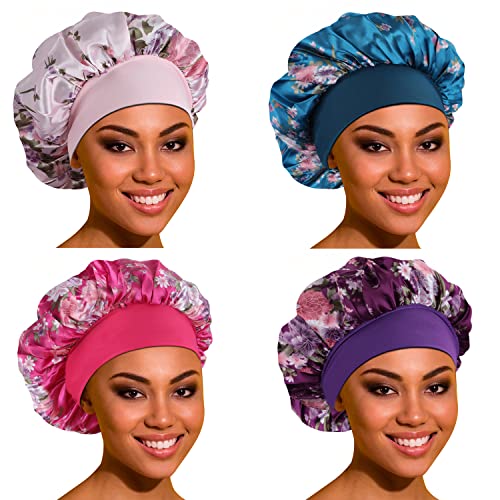 Image of ROYBENS Satin Bonnet Hair Bonnet for Sleeping- 4 Pack Large Bonnets for Women with Elastic Soft Band for Curly Hair Braids