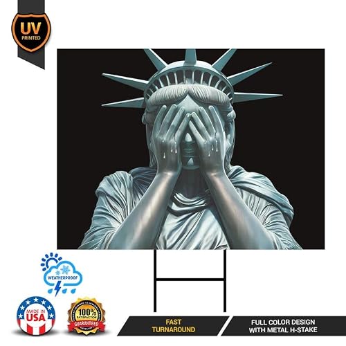 Weeping Statue of Liberty Yard Sign - Anti-Trump Lawn Sign, Lady Liberty Sign, Democracy, Anti Racism Political Yard Sign with Metal H-Stake, VP13617