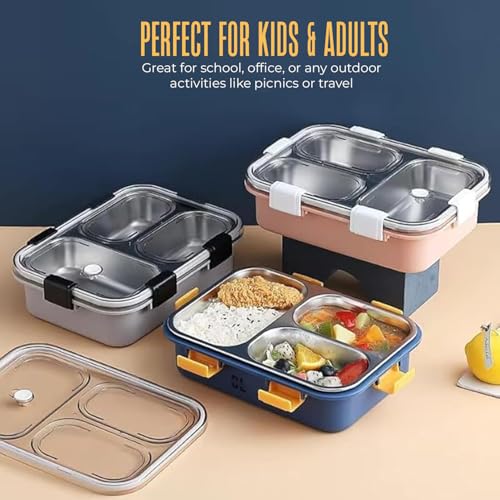 Image of 3 Compartment Lunch Box 750 ML | Insulated Air Tight BPA Free Stainless Steel Leak Proof Bento Box with Spoon Fork & Chopsticks | Lunch Box for Kids & Adults