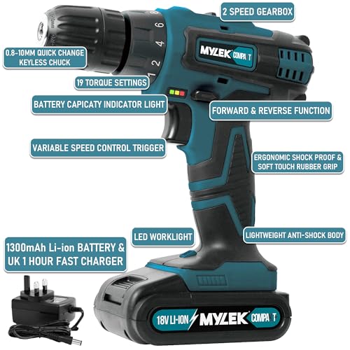 MYLEK MY18BCM1 Cordless Drill 18V, 1500 mAh Li-Ion Driver 28Nm, 1 Hour Electric Quick Charge, 2 Speed, LED Work Light, Carry Case with Accessory Kit, Variable Speed & Quick Stop Function - Image 3