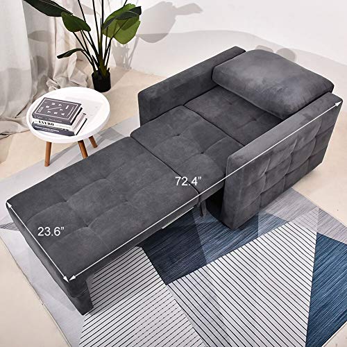 URRED Convertible Chair Sleeper Bed, Pull Out Sleeper Chair Armchair Bed with Storage Space, Wooden Frame, Linen Fabric (Gray)