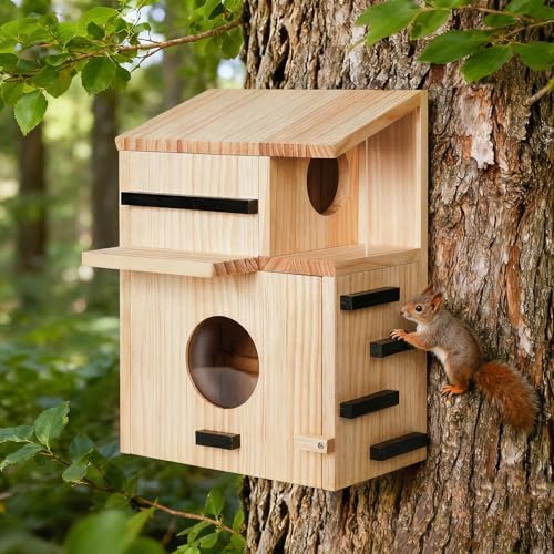 Large Wooden Squirrel House for Outside with Dual Balconies Squirrel Nesting Box with Acrylic Observation Window Lockable Front Panel Easy to Install Squirrel Box for Backyard Tree or Fence