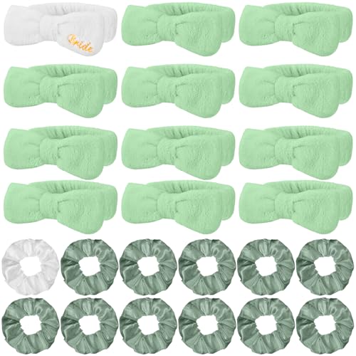 Wavwavw 24 Pcs Sleepover Party Favors Include 12 Bride Bridesmaid Spa Headband 12 Bridesmaid Bride Velvet Scrunchies for Women Sleep over Spa Bachelorette Party Supplies(White, Green)