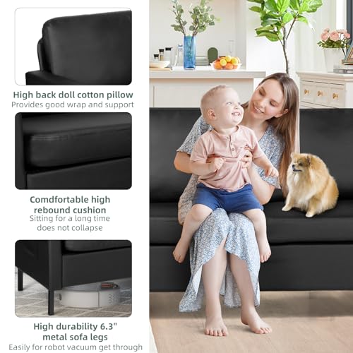 72 Black Faux Leather Sofa with USB Ports for Small Spaces