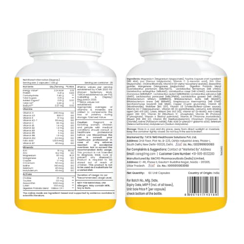 Image of Tata 1mg Daily Multivitamin with 13 Vitamins, 9 Minerals, Probiotics & Botanicals | Energy & Immunity Support | 60 Capsules