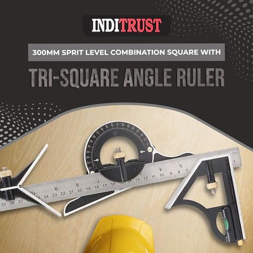 Image of Inditrust 12 inch 300mm Sprit Level Combination Square with GLOVES Protractor Iron Cast Tri- Square Angle Ruler Machinist Measuring Tool Set - Multicolor