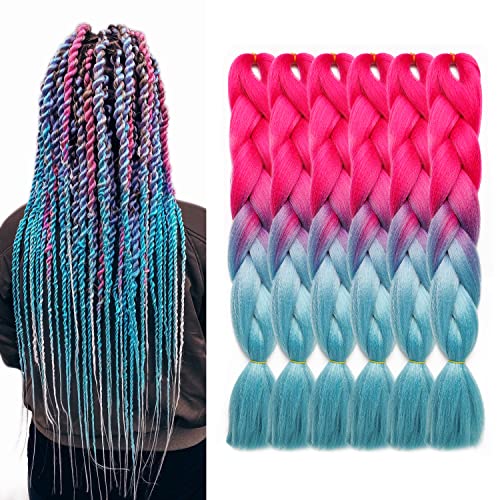 MAYSA Ombre Braiding Hair 24 Inch Braid Hair Extensions 6Pcs Braiding Hair Pre Stretched Ombre High Temperature Crochet Braiding Hair (Hot Pink-Navy Blue)