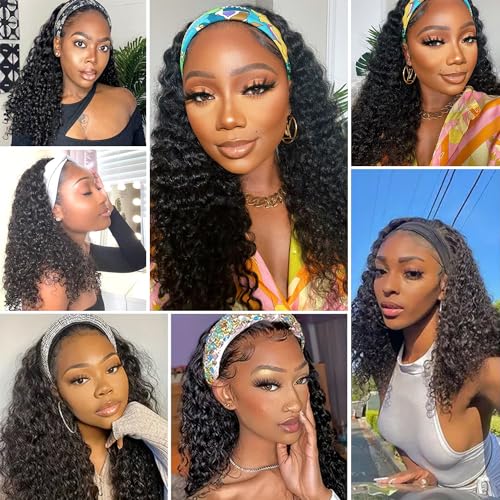 Bellarayine Deep Wave Human Hair Headband Wig 12 inch Non Lace Front Wig Machine Made Wigs Glueless Curly Hair Headband Half Wigs for Black Women Natural Color