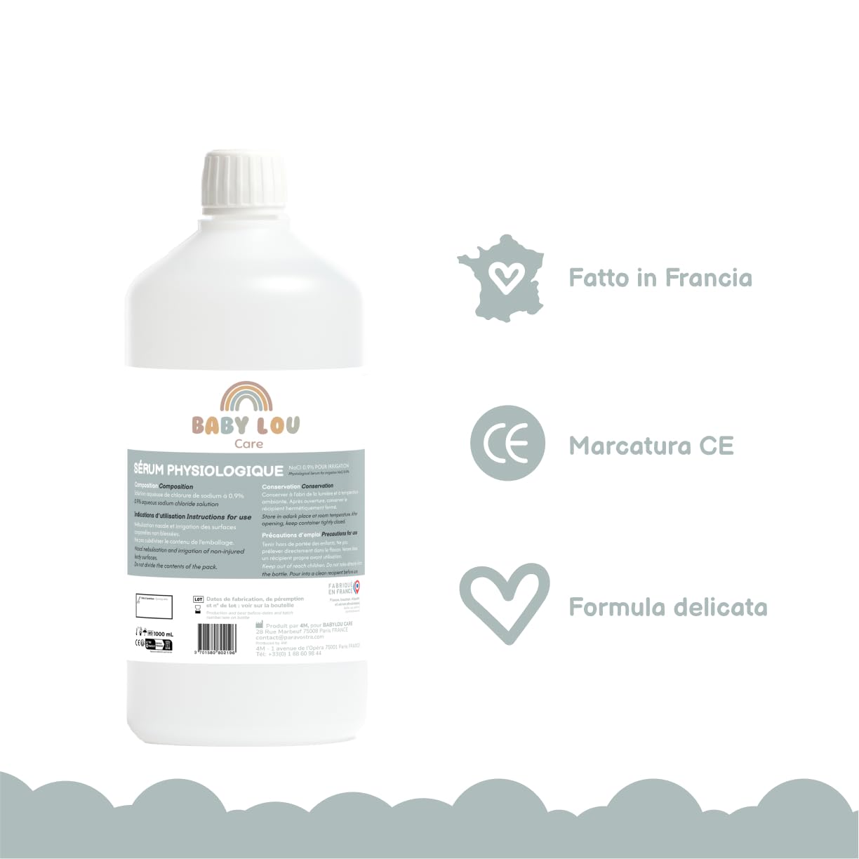 Siero Fisiologico flacone 2x1L | NaCl 0,9% | Fabbricato in Francia | Lavaggio delle fosse nasali | Igiene del naso | Per irrigazione esterna