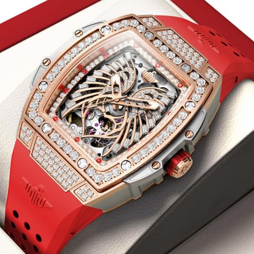 Image of OUPINKE Automatic Watches for Women Fashion Hollow Skeleton Squre Womens Watches Diamonds Rose Gold Waterproof Luminous Mechanical Ladies Watches Red White Soft Silicone Strap