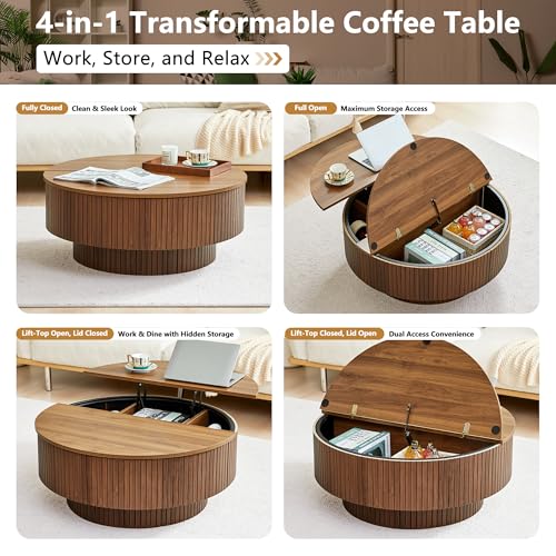 Image of 33 inch Round Coffee Table with Lift-Top & Flip-Top Storage, Modern Accent Fluted Coffee Tables with Metal Frame, Wooden Circle Center Table for Living Room Small Space Apartment Office (Walnut)