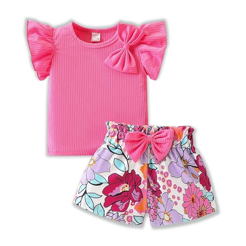 Image of Azmxynol Toddler Girls Clothes Cap Sleeve T-Shirt + Bowknot Print 2pcs Summer Shorts Outfit Set For Girls, Size 4-8 Years