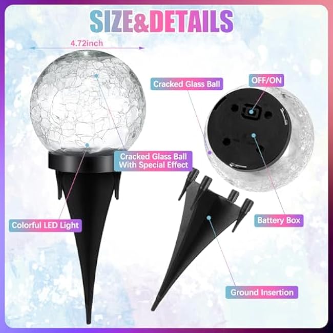 6pc Extra Large Solar Globes Outdoor Cracked Glass Ball Crstl Multi-Color Pre Lit Glob Light Waterproof Yard Lawn Garden Decor (4.72)