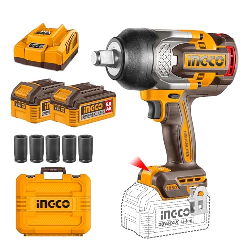 Image of Ingco 20V Cordless Impact Wrench 1050NM, Brushless Motor, Nut-Busting Torque 1200NM, Max Speed 2100RPM Battery Impact Gun With 2Pcs 5.0Ah Battery And Charger, Packed by Carrying Case