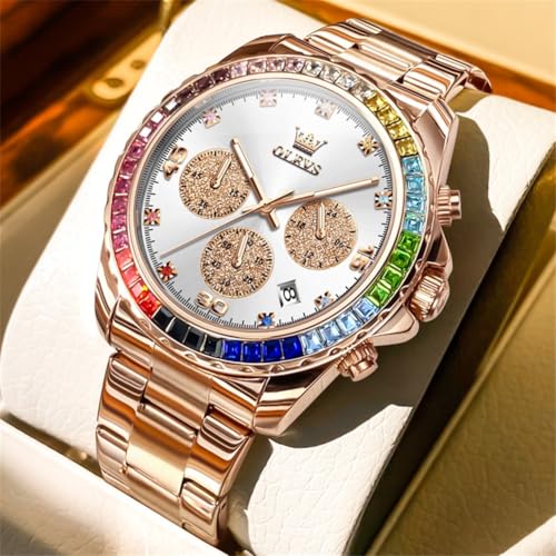Image of OLEVS Watch for Men Luxury Gold Diamond Chronograph Business Wristwatch with Analog Quartz, Date Calendar, Stainless Steel Band, Luminous Hands, Waterproof