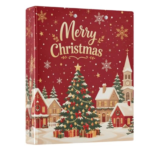 Image of 3 Ring Binder Merry Christmas Village Scene Winter 1.5 inch Binders Three Ring Binders with Clipboard Fit 8.5'' x 11'' Paper 3 Interior PVC Clear Pockets for Office Supplies