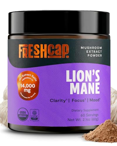 Image of FreshCap Mushrooms Premium Organic Lions Mane Powder - 14:1 Fruiting Body Extract with 31% Beta-Glucans - 3rd-Party Tested Nootropic for Clarity, Focus & Cognitive Support (60 Servings)