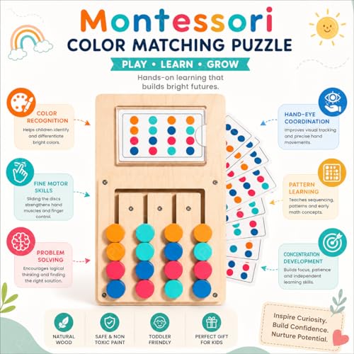 Image of PLUSPOINT Wooden Slide Puzzle Brain Teaser for Kids Ages 4-10 - Colour Matching Board Game, Educational Learning Toy & Travel Activity for Boys & Girls