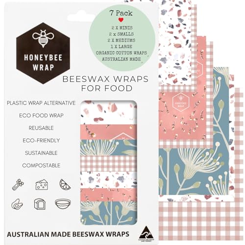 Honeybee Wrap Reusable Beeswax Wraps for Food | 7 Pack | Eco Friendly, Organic, Biodegradable, Plastic Free, Bee's Wrap Bowl Covers and Food Storage | Cling Wrap Alternative