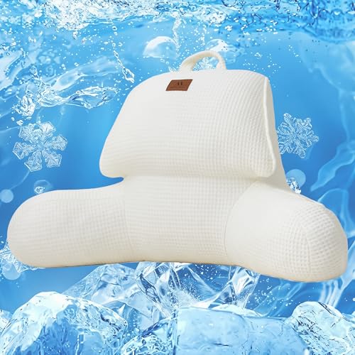 Amélie Home Cooling Reading Pillow with Arms for Adults, Breathable Waffle Fabric Bed Rest Pillow for Sitting Up, Ergonomic Back Support with Pockets for Gaming Relaxing, Ivory, 17 Inches by Amélie Home - Used condition - US$34.42