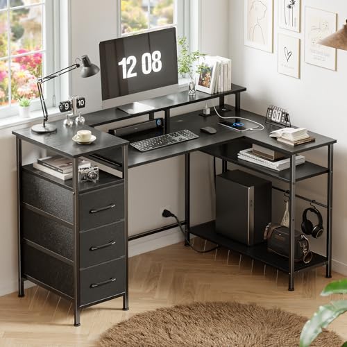 47 Inch L Shaped Gaming Desk with Power Outlets and LED Lights, Reversible Computer Desk with File Drawers & Monitor Stand, Corner Gamer Desk Table for Home Office with Storage Shelves, Black - Image 3
