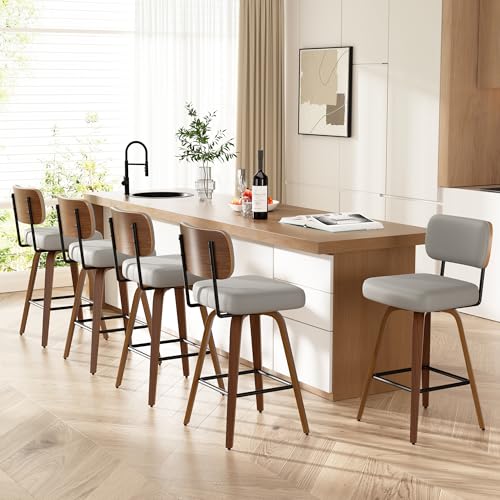 Image of Swivel Bar Stools Set of 5, 26 inch Upholstered Faux Leather Counter Height Barstools with Walnut Back & Bentwood Legs, Mid Century Modern Bar Chairs Island Stools for Kitchen Counter, Light Grey