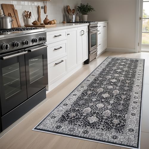 Hallway Washable Runner Rug - 3x6 Kitchen Rugs Entryway Rug Runner Vintage Soft Floor Mat Non Slip Indoor Farmhouse Carpet for Bathroom Living Room Bedroom (3 X 6, Black)