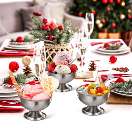 Image of Housoutil Ice Cream Cups, 4 Pcs Stainless Steel Serving Dessert Bowls, Round Sauce Bowls, Reusable Footed Yogurt Snack Candy Cups for Cake Salad Fruit Pudding Snacks Christmas Party