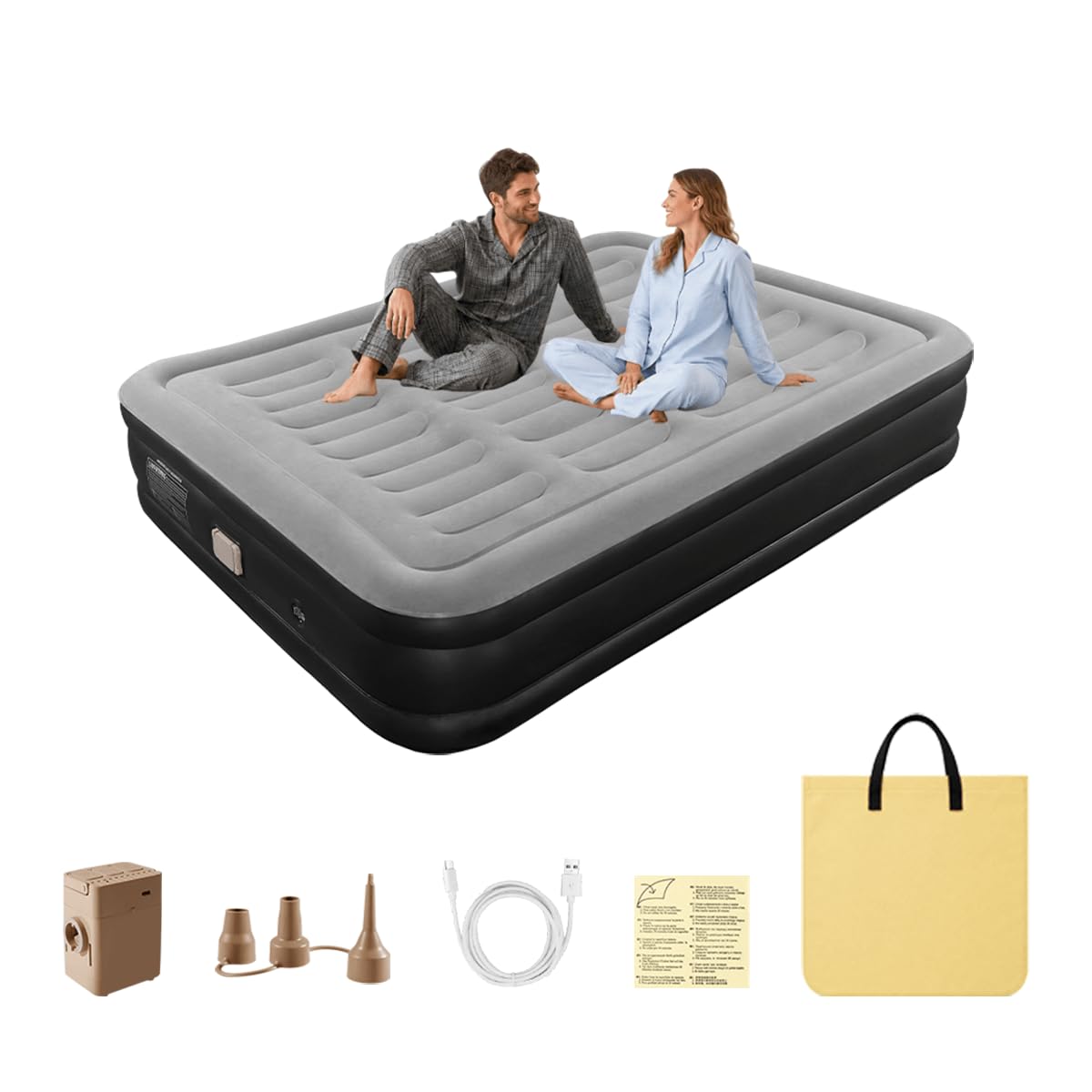 Risdor King Size Air Bed with Built-in Removable Rechargeable Pump, No Plug Socket Needed, 40cm Raised Inflatable Mattress, Flocked Guest Bed for Home and Camping, 200 x 150 x 40cm, Black