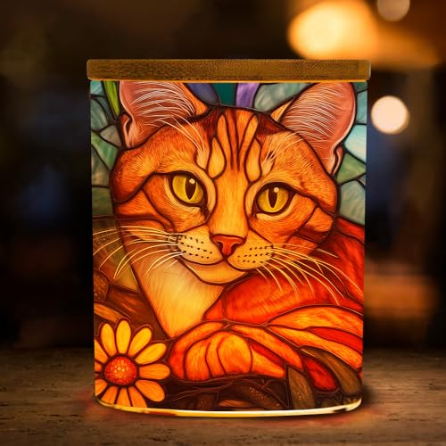 Stained Glass Cat LED Candle Holder with Bamboo Lid Decorative Tea Light Jar Orange Ginger Cat Design 3.5x2.8 Inches