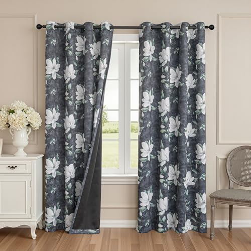 Image of MYSKY HOME Floral Blackout Curtains 90 Inches Long 2 Panels Set - Black Out Thermal Insulated Privacy Protect Energy Efficient Modern Spring Flower Print for Living /Dining Room, 52 inch W, Deep Grey