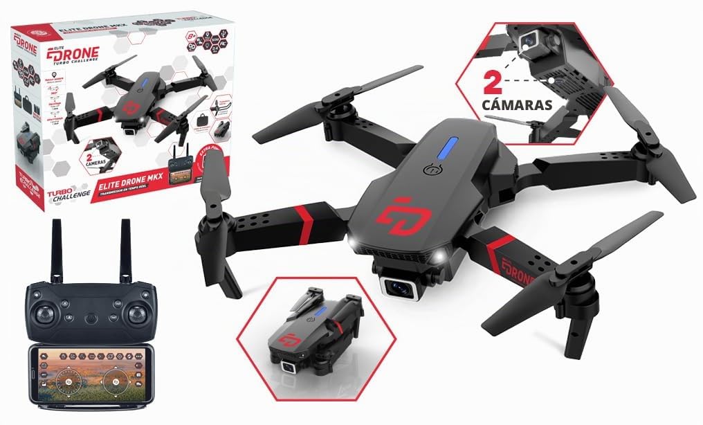 TURBO CHALLENGE - Elite Drone MKX - Drone - 400318 - Dispositivo Volador - Negro - 2 Baterías Recargables - Plástico - Regalo - Cumpleaños - Luminoso - Video - A partir de 8 años