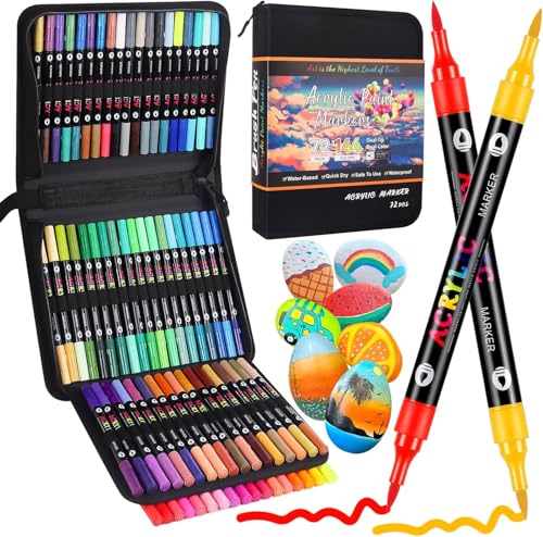 Sanyetral Lot de 72 marqueurs de peinture acrylique à double pointe pinceau pour bois, toile, peinture sur roche, verre, céramique, surfaces en pierre, loisirs créatifs, etc
