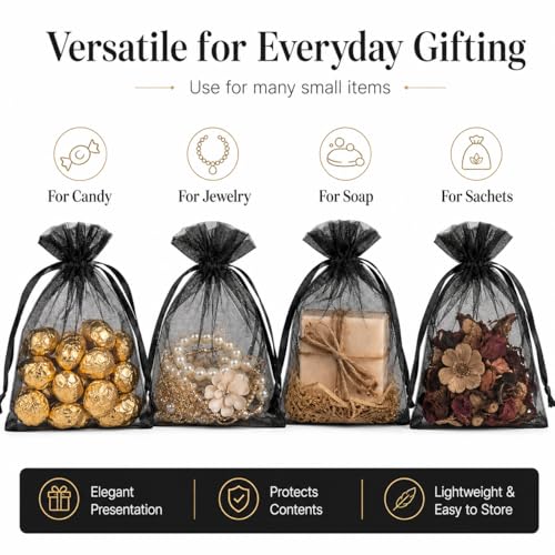 Image of Hopttreely 5x7 Black Organza Bags - Durable Mesh Drawstring Gift Bags with Sturdy Closure for Party Favors, Wedding, Jewelry, Easter, Halloween, Small Business Packaging, Sachet Bags