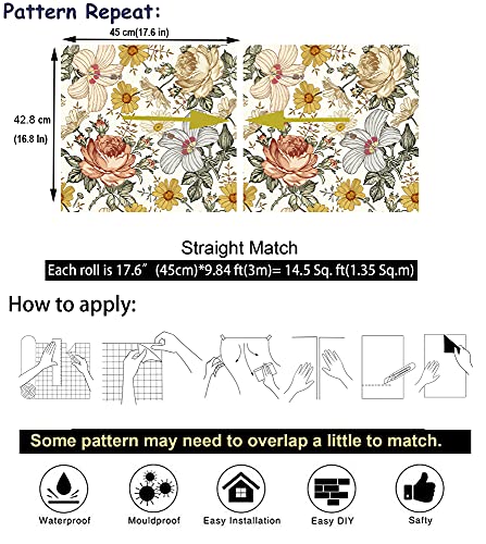 Blooming Wall Beige Multicolor Peony Daisy Peel And Stick Wallpaper Removable Self Adhesive Wall Mural Wall Decor, 14.5 Square Ft/Roll #TOP5