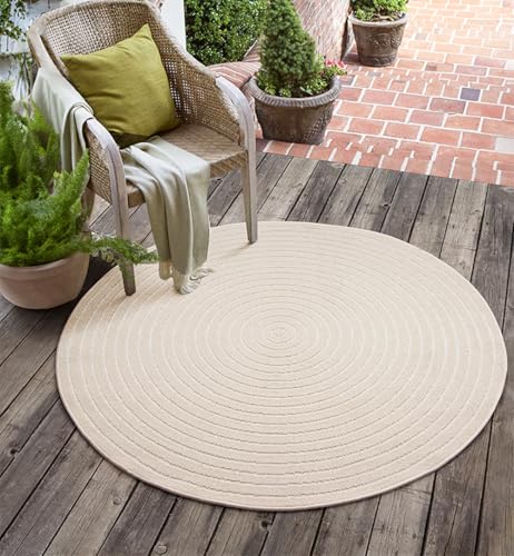 the carpet Santo Plus Outdoor Teppich – Wetterfest & Pflegeleicht, Balkon Teppich, Terrasse & Garten, Flachgewebe Indoor & Outdoor, Modern für Wohnzimmer & Schlafzimmer, Beige, 160 cm Rund