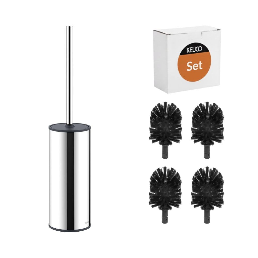 KEUCO Moll Set aus WC-Bürstengarnitur & 4 Bürstenköpfen, Standmodell, Chrom | Bürstengarnitur mit Metallgehäuse und Bürste, Ersatzköpfe schwarz, Bürstenhalter mit Klobürste