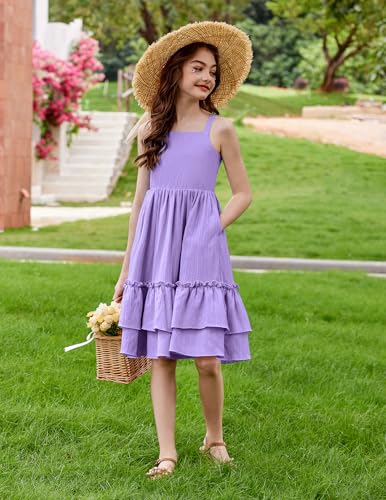 Image of Arshiner Girls Cami Summer Dress Boho Sleeveless Casual Sundress with Pockets for 4-12 Y