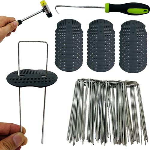 Fycooler Grapas de Sujeción de Acero Robusto-Grapas para césped Artificial,50 piquetas+50 Arandelas+Gancho y Martillo-Anclaje de Tierra para Malla Antihierbas,Valla y Red-150MM de Largo-30MM de Ancho