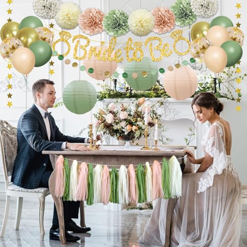 Image of Sage Green Bachelorette Party Decorations, Bride To Be Decorations Include Paper Pompoms Lanterns Fringe Curtain String Tassel Balloon banner for Bachelorette Wedding Bridal Shower Decorations