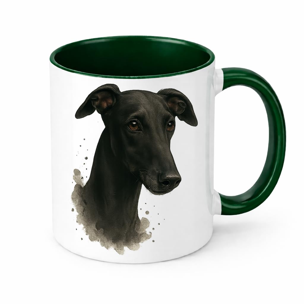 Brew Crew Gifts Greyhound Watercolour Ceramic Mug, White, 11 oz, Dishwasher and Microwave Safe, Premium Dog Portrait Design, Perfect for Tea and Coffee (Green)