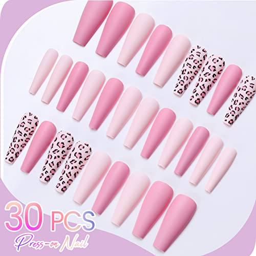 Press On Fake Nails, 30 Ct Long Coffin False Nails Leopard Print, Adhesive, Mini Nail, Cuticle Stick Included #TOP1