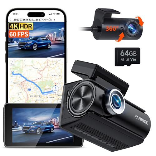 Faninso 4k Dash Cam Front and Rear - 60 FPS Dash Camera for Cars and Trucks, Audio Alerts, Enhanced Night Vision, 3” HD Display, Includes 64GB Card - WiFi, GPS, 24H Parking Mode